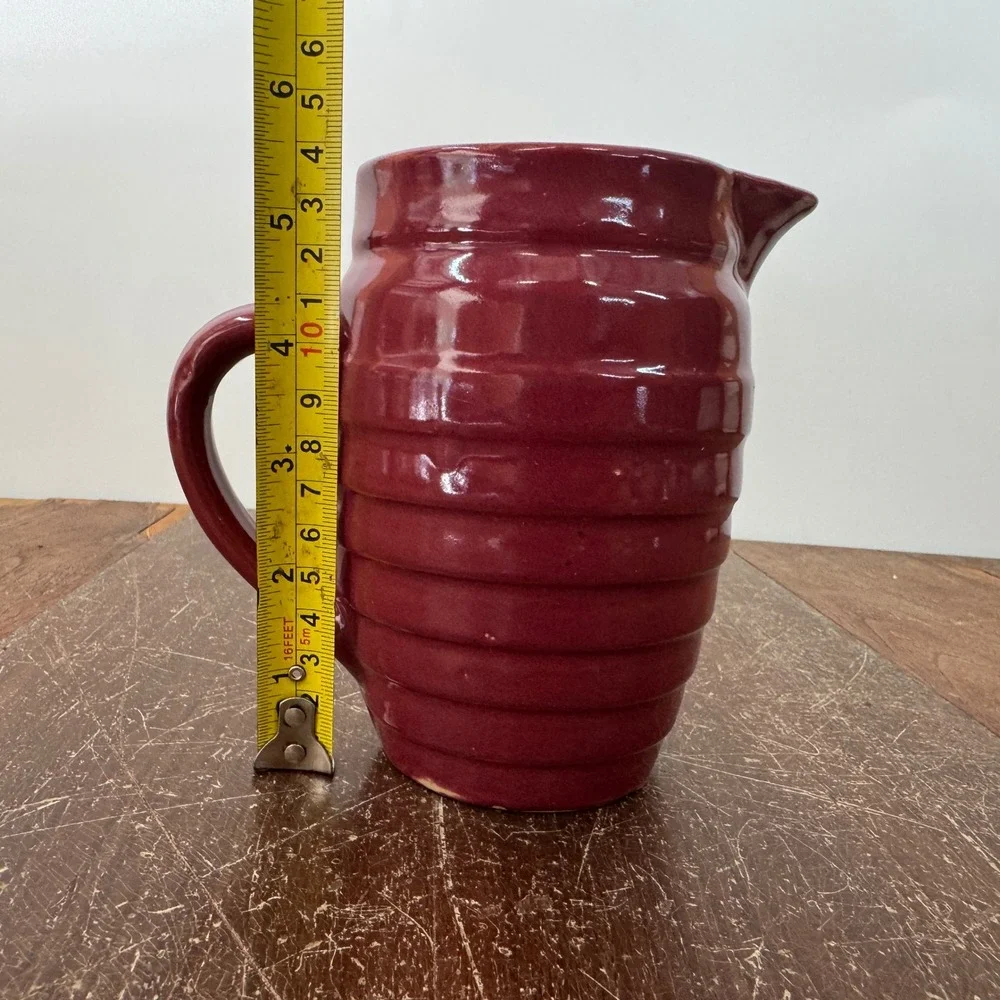Vintage USA Pottery‎ Pitcher Red Wine Ribbed Design Kitchen Decor Rustic